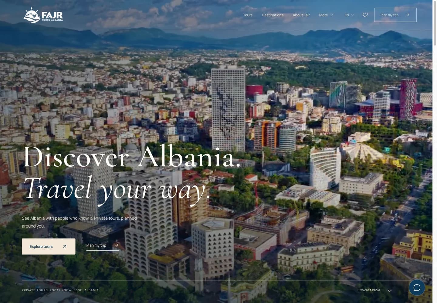 Fajr Tours Albania homepage with Tirana imagery and private-tour navigation