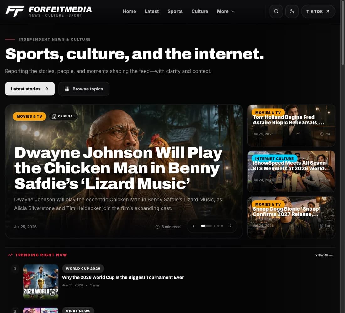 FORFEITMEDIA dark editorial homepage with featured stories and topic navigation